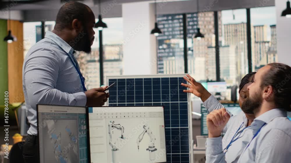Poster rd department colleagues brainstorming ways to make solar panels production lines more eco friendly.