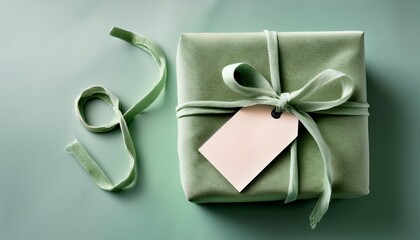 gift box with pastel green fabric tied with ribbon and gift tag textured cloth wrapped for present soft color palette creates delicate presentation perfect for boutique marketing or special occasion