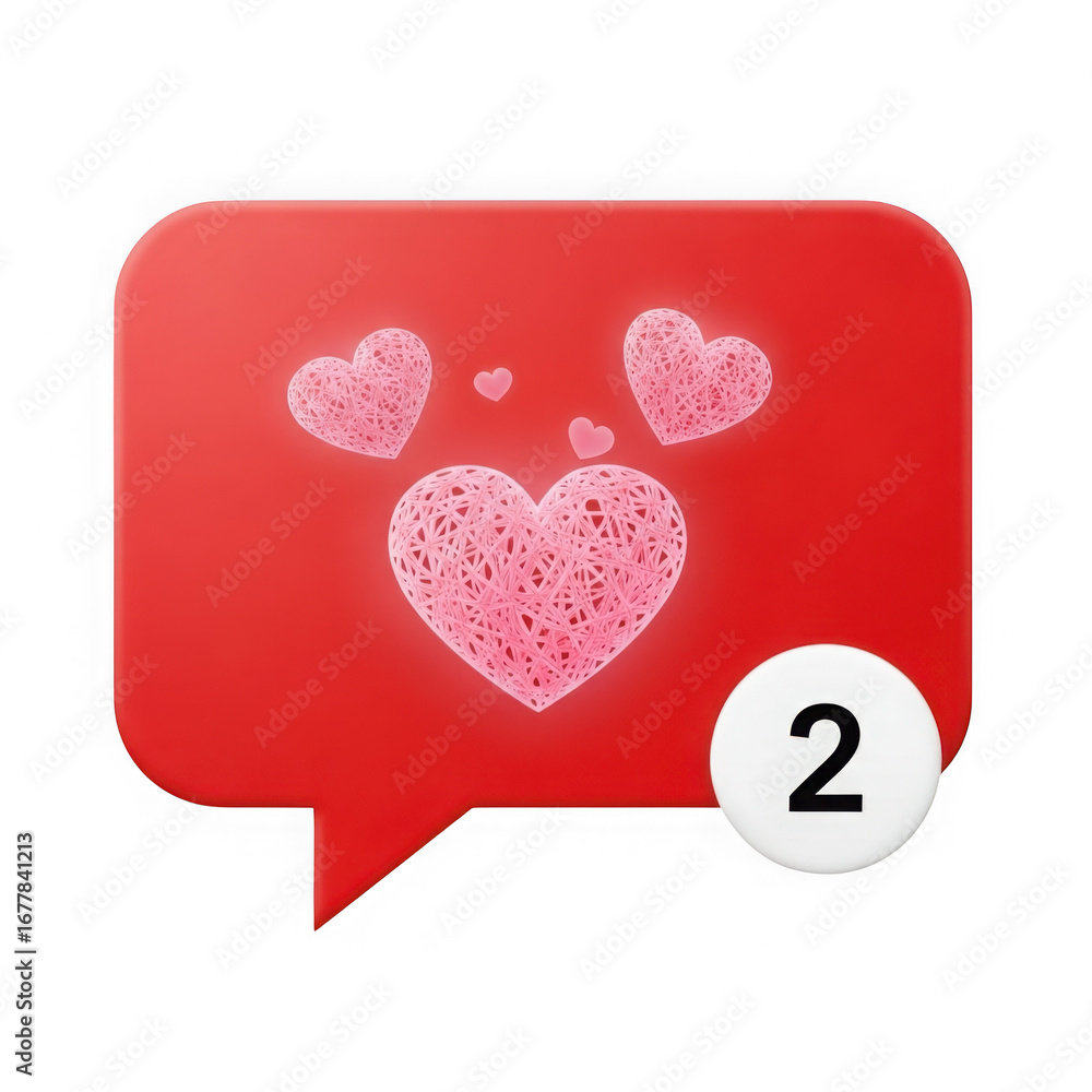 Poster 3d red notification bubble with hearts isolated on transparent background