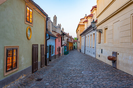 Sunset view of The golden lane at the Prague castle, Czech repub