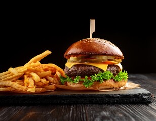craft beef burger and french fries on black background in wide angle view