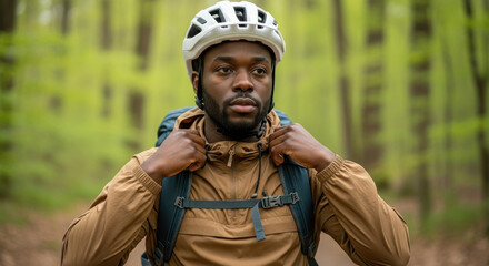 Confident young male hiker wearing helmet and backpack stands on forest trail in soft daylight adventurous man pauses during outdoor trekking in lush green woods, prepared for journey ahead