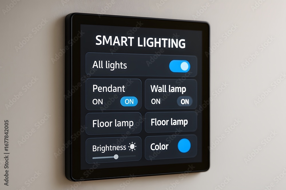 Poster smart lighting control panel on a wall, with a user-friendly interface for managing lights, brightne