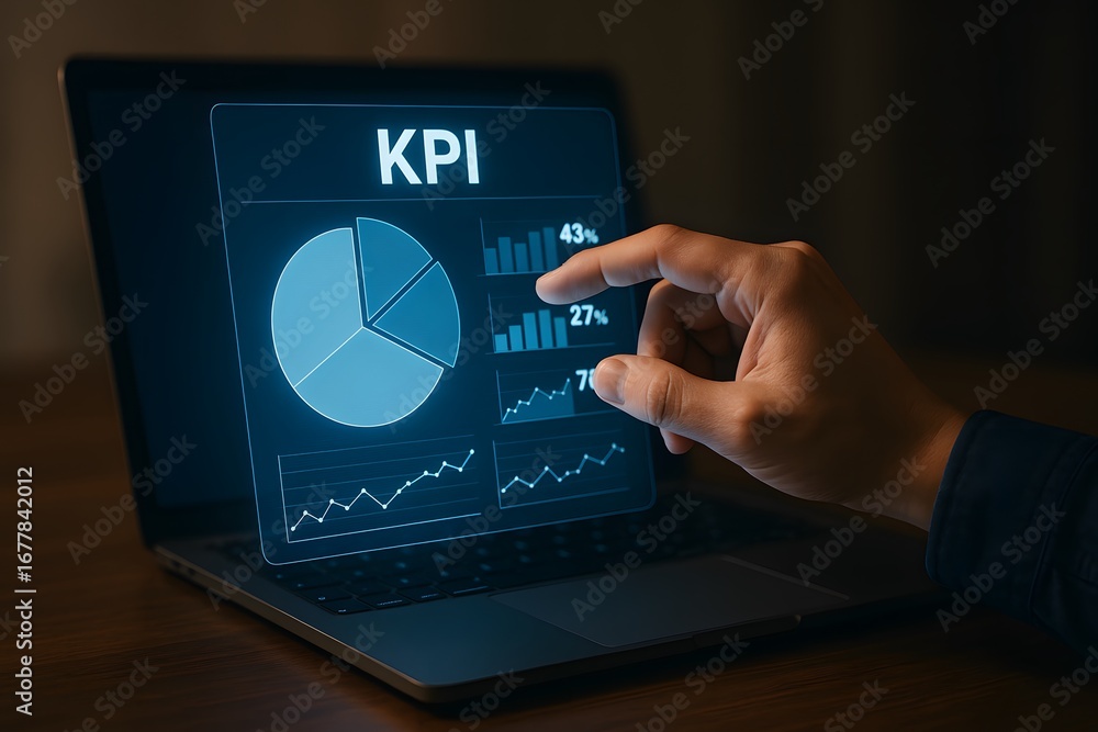 Poster a digital representation of kpi data on a laptop screen, with a hand pointing at the data