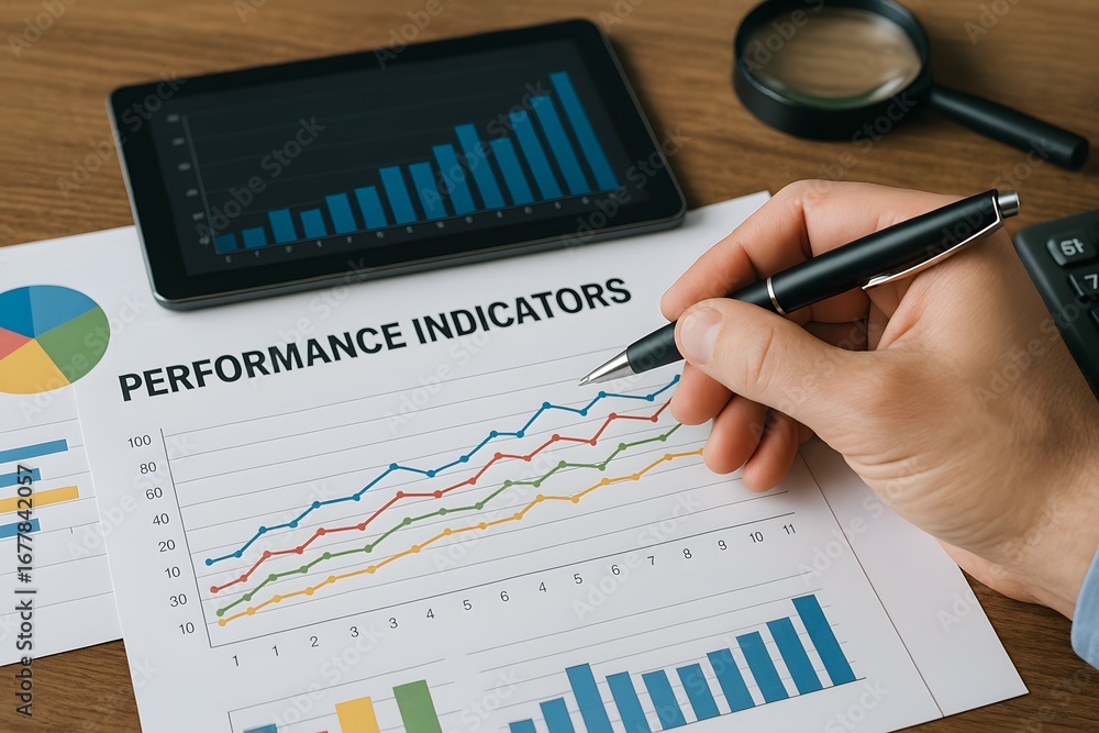 Poster analyzing performance indicators on a report