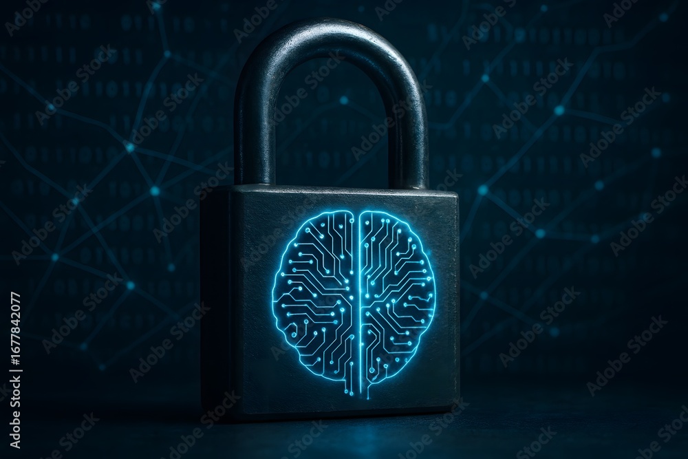Aufkleber a padlock with a brain symbol inside, representing the concept of digital security and artificial in