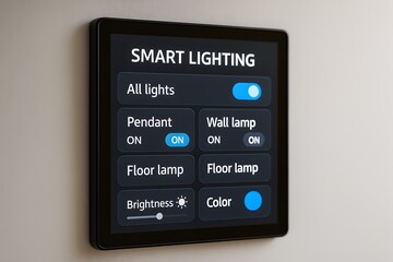 Smart lighting control panel on a wall, with a user-friendly interface for managing lights, brightness, and color. The panel displays various options for controlling the lights in the home.