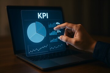 A digital representation of KPI data on a laptop screen, with a hand pointing at the data