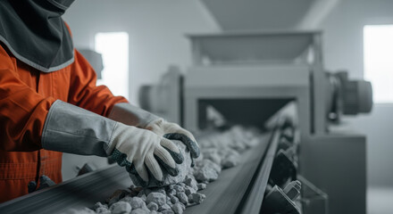 Factory worker in protective uniform sorts stones manually on conveyor belt at industrial mineral processing plant, highlighting safety and quality control in material handling