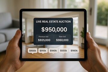 Person holding tablet showing a live real estate auction with numbers