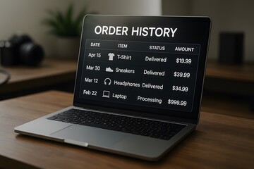Detailed view of a laptop screen displaying an order history, reflecting the evolution of modern e-commerce