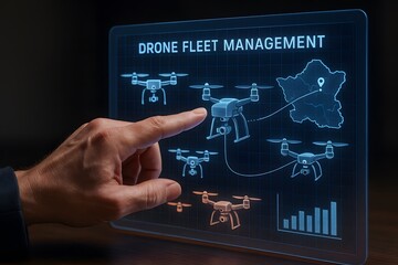 Drone fleet management concept shown on a touchscreen, illustrating the operation and control of unmanned aerial vehicles