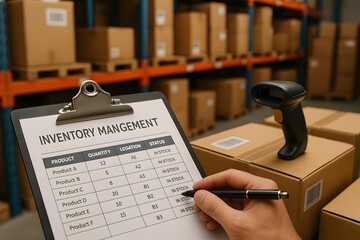 Inventory management in a busy warehouse. A hand is holding pen for inventory checklist. Boxes are arranged on shelves