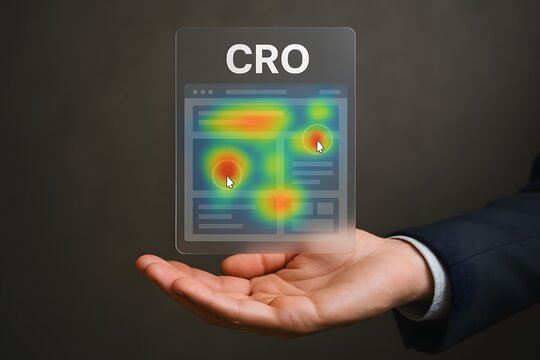 A person's hand holding a futuristic digital screen displaying the abbreviation CRO and a heatmap. This is an innovative design concept to show digital marketing 