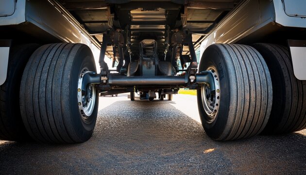 close up view of a semi truck or trailer s rear axle showing suspension and brake system mud truck chassis with wheels and suspension arms featuring silent blocks