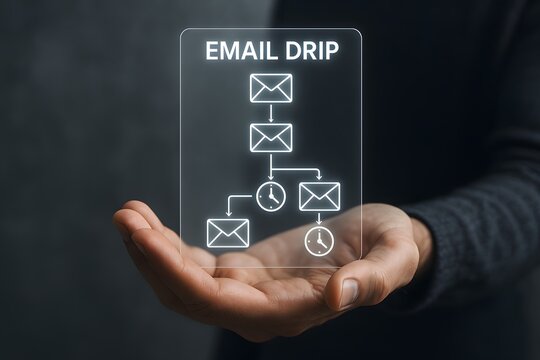 Email drip marketing strategy represented on a transparent screen held in a person's hand. It is a conceptual image highlighting automated email campaigns
