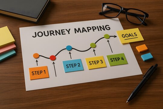 Journey Mapping process on the desk, displaying steps and goals