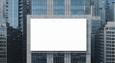 Large blank advertising billboard prominently displayed on a sleek modern high-rise building in a bustling urban environment, offering ample space for custom messages and branding
