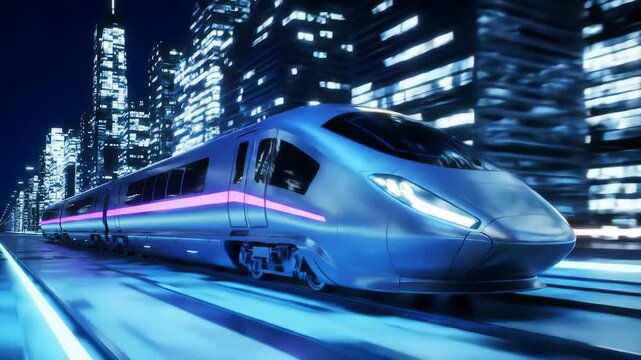 Futuristic silver bullet train speeds through illuminated city at night with gleaming skyscrapers in the background, reflecting on wet pavement. Cool blue and purple lighting.
