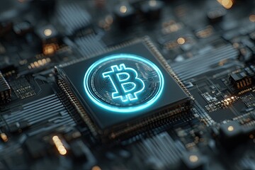 Bitcoin symbol glows on a circuit board