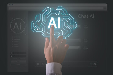 hand touching illuminated AI icon with brain circuit design on virtual screen, symbolizing artificial intelligence, innovation, digital technology, machine learning, automation, and future business