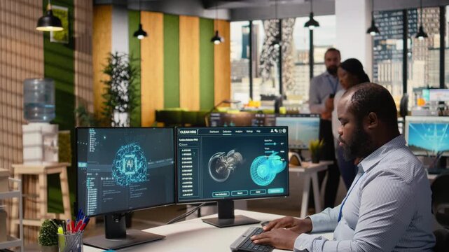 Engineer upgrades turbine component with machine learning to maximize sustainability. African american man uses AI tech to refine blade aerodynamics, boosting clean energy output, camera A