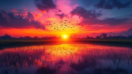 Beautiful Landscape Scene at Sunset over Calm Water with Birds in Flight Above The Horizon Line and Water's Surface Reflection of Sky's Color Changes with Birds in Flight. Clouds are Present in the