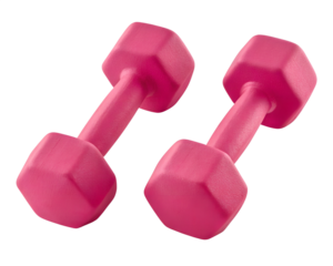 A pair of pink dumbbells lies on a white background, one dumbbell on the other, concept, isolate