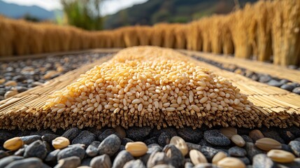 Obraz premium Close Up Of Golden Grains On A Stone Surface, Agricultural Theme of Field Crops and Harvest Time, Rural Scene with Natural Light And Earth Tones, Food Product Photography and Grains Texture Detail