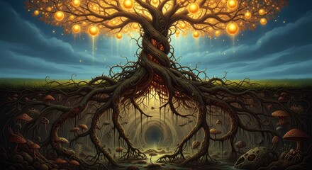 Fantasy tree of life art print mystical landscape with glowing orbs and roots digital painting artwork