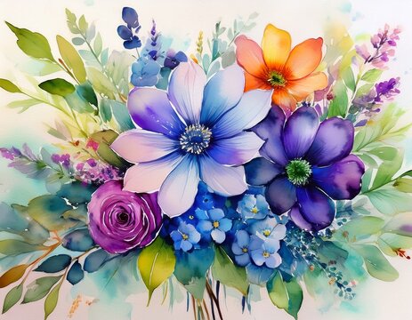 a watercolor flower bouquet rests on a white tablecloth the flowers are in full bloom and their colors are very vibrant the greens of the leaves pop against the blues and purples of the petals eac