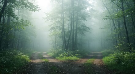 Fototapeta premium Discover your path through a mystical foggy forest where two trails diverge, inviting adventure and contemplation amidst lush greenery and ethereal light.