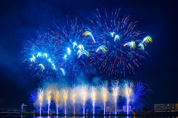 色とりどりの花火が夜空を彩る花火大会の夜景