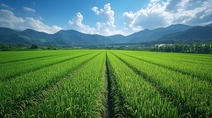 Lush Green Agricultural Field Under A Sunny Sky With Distant Mountains and Hills. A Serene Landscape Scene. A Nature Scenery of Agriculture Fields. A Vibrant Countryside Panorama. With Lush