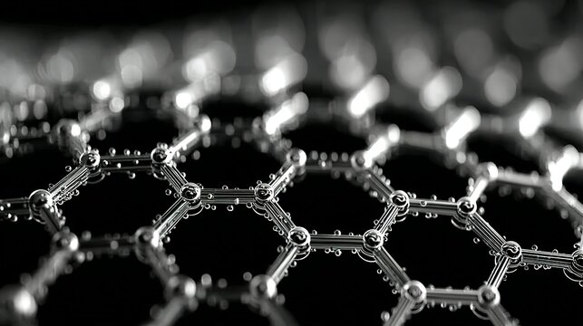 Close-up of a silver colored hexagonal structure on a black background.