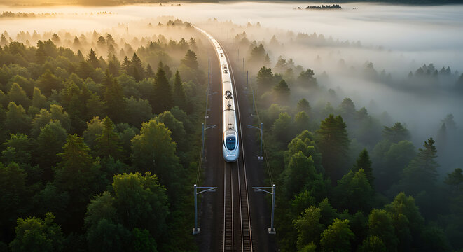 High-speed train journey through a misty forest at sunrise, aerial view of modern transport amidst nature's beauty