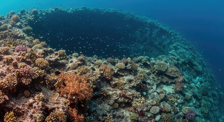 Fototapeta premium Vibrant coral reef teeming with small fish showcases diverse marine life and underwater biodiversity in crystal clear blue ocean depths
