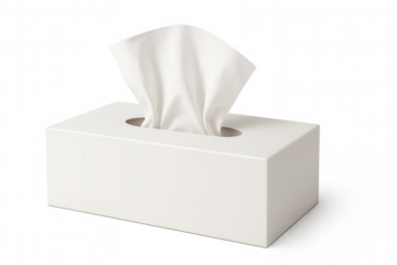 Rectangular white tissue box dispensing soft tissues, providing hygienic comfort against transparent backdrop