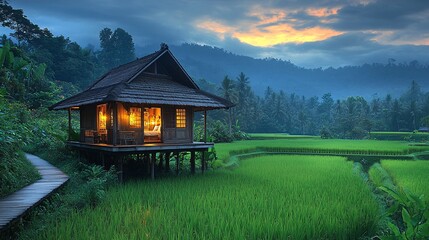 Rustic Wooden Hut in Green Rice Paddy at Sunset Landscape View of a Serene Rural Scene With Pathway and Vibrant Lush Greens at Golden Hour. Warm Light Illuminates the Countryside Farmhouse