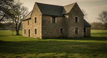 Fototapeta premium Rustic stone house in a serene rural landscape offering historical charm and peaceful countryside