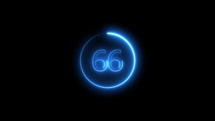Glowing neon number 66. Educational mathematics animation on blue neon countdown timer number Glowing cyan neon text animation 4K video