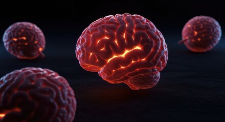 Fototapeta premium Vibrant, glowing human brain symbolizing intelligence, creativity, and complex thought processes in a dark, futuristic setting, inspiring scientific discovery and innovation.