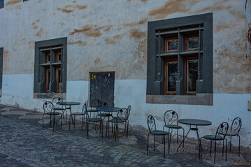 Sunrise view of a street in the old town of Banska Stiavnica, Sl