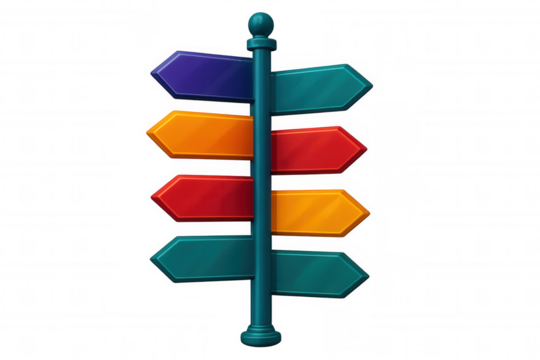 3d rendering of a colorful signpost with empty arrow signs pointing in various directions, isolated on transparent background, ideal for travel and decision-making concepts