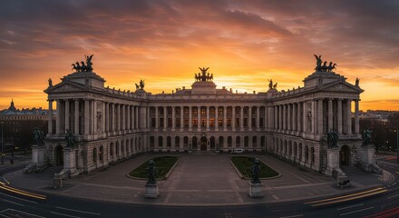 Obraz premium Majestic neoclassical building illuminated by a dramatic sunset, featuring grand architecture, statues, and city lights creating an epic urban panorama
