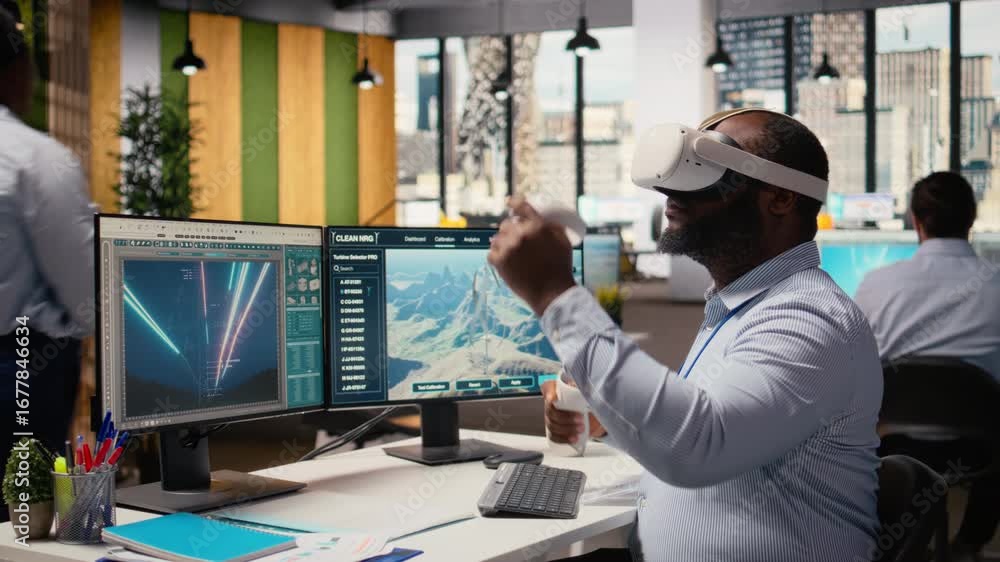Poster worker uses vr headset to optimize electrical grid and wind farm layout, enhancing clean energy syst