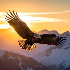 Majestic eagle soaring above snowy mountains at sunrise