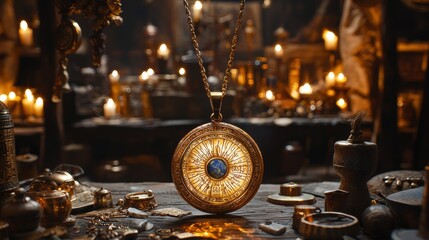 stunning golden pendant hangs on chain resting on weathered table cluttered artifacts.