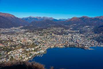 Lugano in Switzerland viewed from Monte San Salvatore