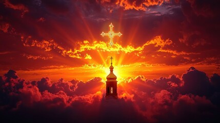 dusk stunning church spire reaches heavens as cross atop it shines brightly. sky is ablaze orange and red hues creating spiritual atmosphere.